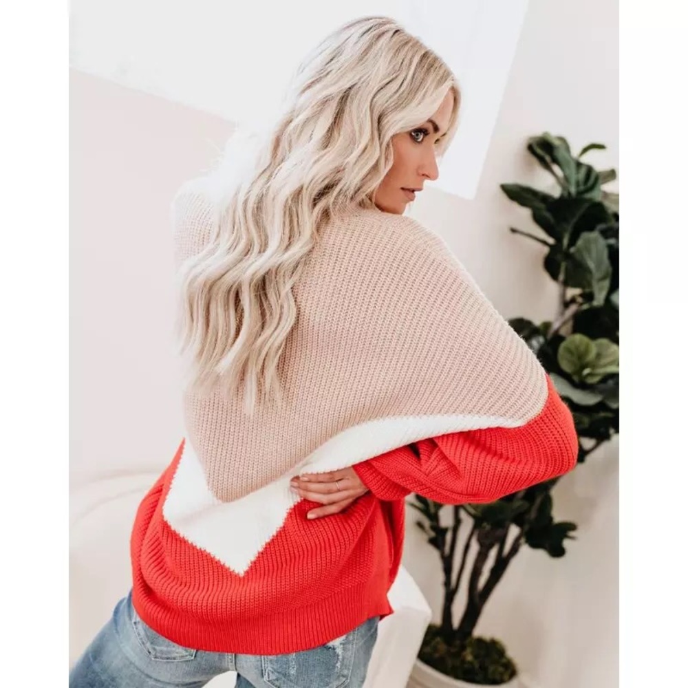 Emerson Beige & Red Oversized Color Block Sweater - Picture 2 of 7